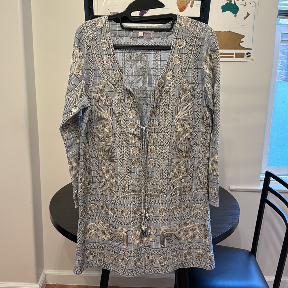 Calypso St. Barth’s Linen Embroidered Blue Cotton Tunic Dress